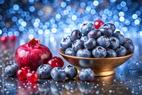 A bowl of blueberries and a red fruit, possibly a pomegranate