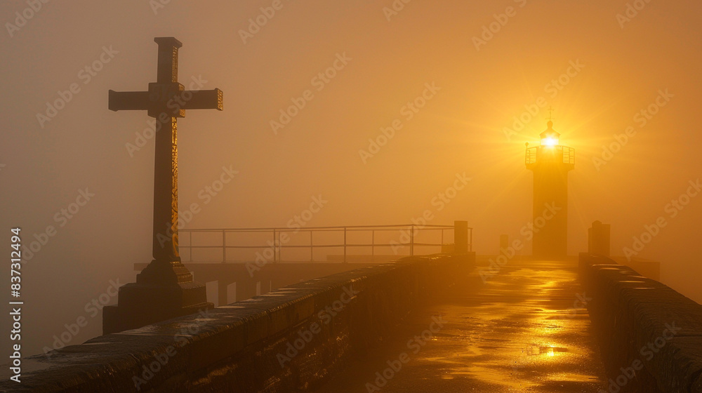 Naklejka premium A Christian cross at the end of a pier during a foggy sunrise, with the light from a nearby lighthouse creating a haunting golden bokeh effect in the mist.