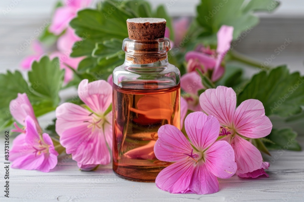 essential geranium oil in a bottle surrounded by pelargonium leaves and flowers as a concept for using natural air healing methods such as aromatherapy essential geranium oil in a bottle surrounded by pelargonium leaves and flowers as a concept for using natural air healing methods such as aromatherapy