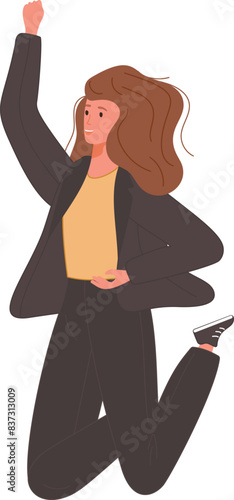 A woman joyfully leaps into the air with her arms lifted high in celebration.