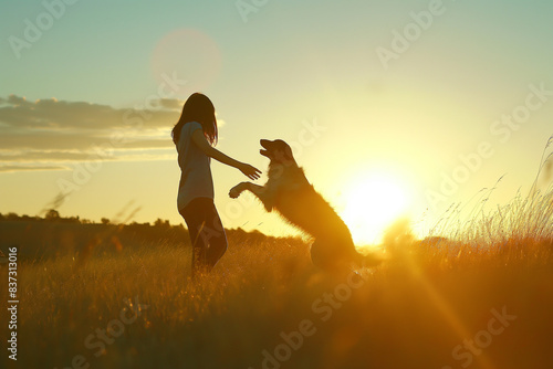 The woman is standing and appears to be dancing or playing with the dog in a field at sunset