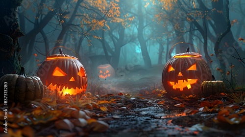 Spooky Halloween Pumpkins in a Dark Forest photo