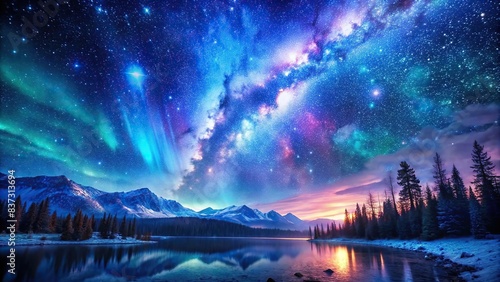 Beautiful fantasy starry night sky with blue and purple colors  featuring galaxies and aurora borealis