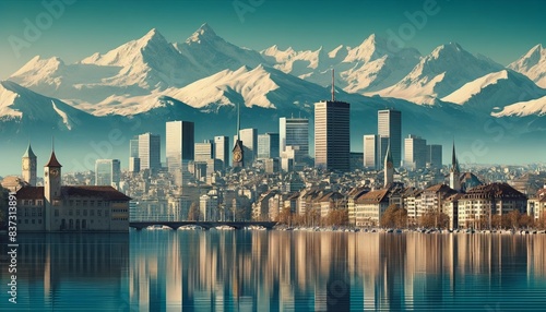 A view of Zurich's modern skyline with snow-capped Alps, and serene water of Lake Zurich reflect modern cityscape. photo