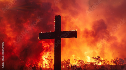 A Christian cross in a fiery red and orange sky during a bushfire, standing as a symbol of hope and resilience in the face of natural adversity.