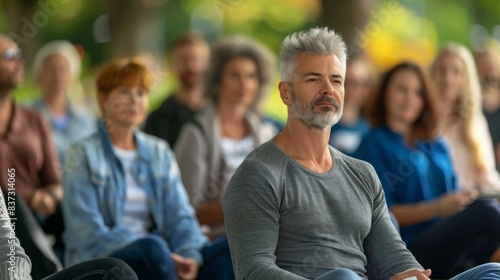 Diverse group of people sitting outdoors in a park, attentively listening and participating in a community event. Concept of unity, learning, and social engagement.
