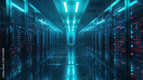 3D illustration of a server room in a data center with telecommunication equipment  representing big data storage.        