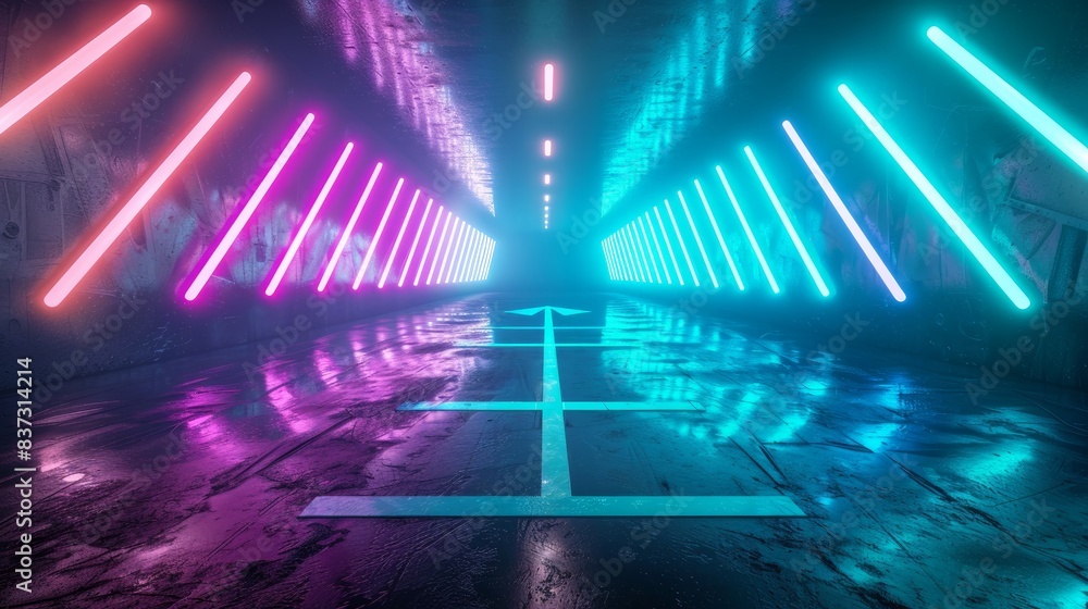 3D render of a panoramic neon background with arrows pointing right.
3D render of a panoramic neon background with arrows pointing right.