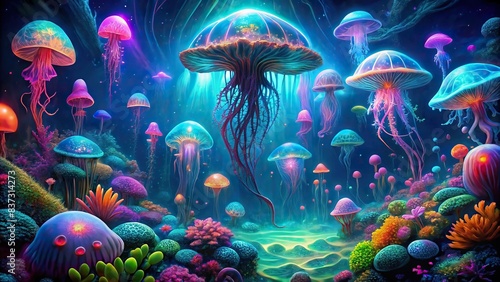 Neon underwater scene with bioluminescent jellyfish and deepsea creatures photo
