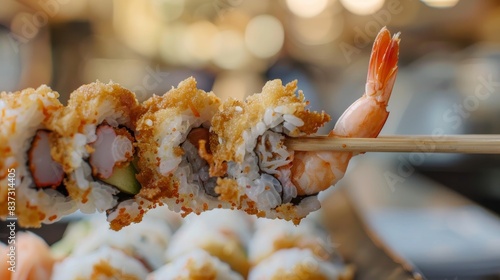 Closeup of a sushi roll with fried shrimp held by chopsticks.

