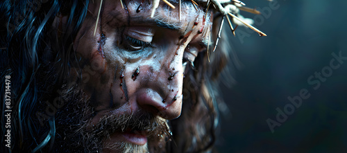 Imagen a detalle del rostro de jesucristo siendo crucificado con corona de espinas creencias religiosas