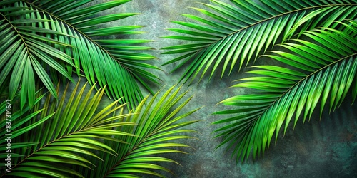 Lush green palm leaves on background overlay texture