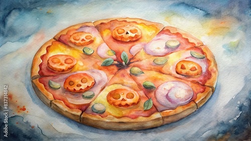 Stretchy cheese pizza with pepperoni slices, decorated with a Halloween theme in watercolor