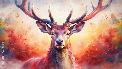 Portrait of majestic red deer stag in Autumn Fall, watercolor photo