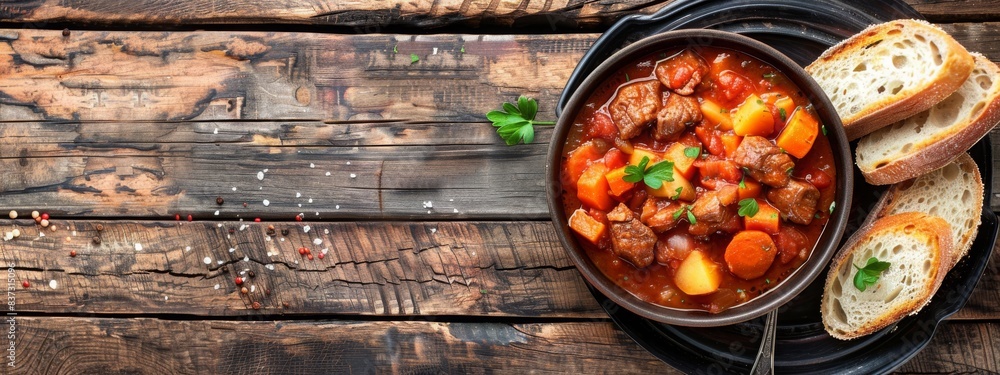 Banner of Beef stew portion in a big bowl on the rusty wooden table close-up view, goulash dinner with bread, tasty meat dish with carrots and potato in wine sauce Banner of Beef stew portion in a big bowl on the rusty wooden table close-up view, goulash dinner with bread, tasty meat dish with carrots and potato in wine sauce