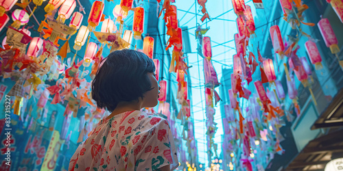 Tanabata holiday, Japanese culture concept. Cinematic shot of lovely asian young woman looking up at lights and decoration during city festival. Banner style