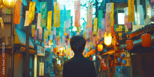 Tanabata holiday, Japanese culture concept. Cinematic shot of asian man going home after celebration. Vibrant colors on city street. Banner style