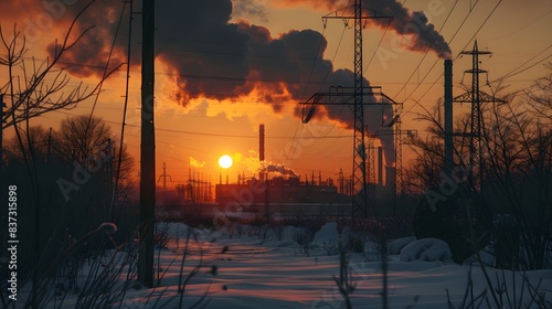 Winter sunset  silhouetted power plant with smoke from burned coal pipes visible