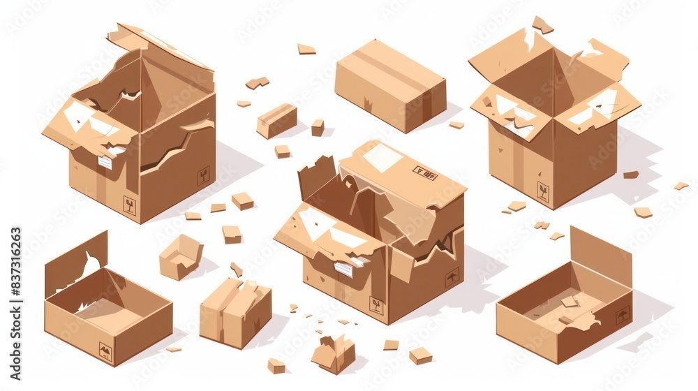 3D damaged and broken cardboard boxes, wet packaging cargo.
3D damaged and broken cardboard boxes, wet packaging cargo.
