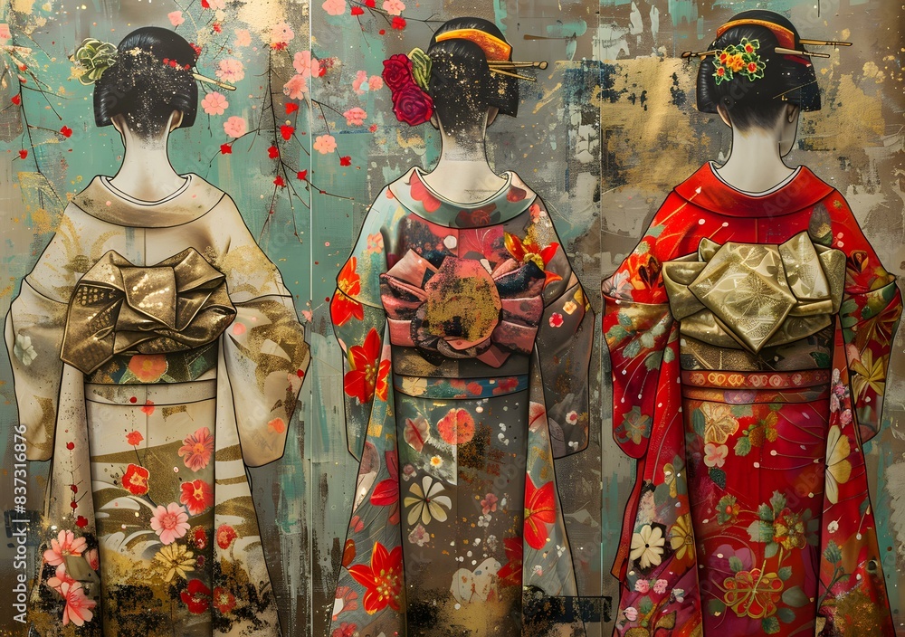 Naklejka premium Three Japanese Women in Kimono with Floral Background