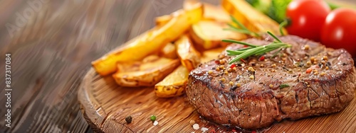 Banner of close up  beef  steak with green peppercorn sauce served with chips and vegetable