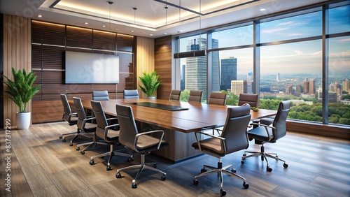 Stock photo of a modern boardroom filled with conference tables, chairs, and a large presentation screen photo