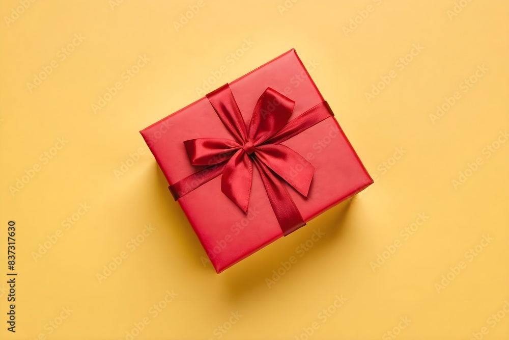 Red gift box with red ribbon on a yellow background for birthday, anniversary, and Christmas gift concepts. Top view. Red gift box with red ribbon on a yellow background for birthday, anniversary, and Christmas gift concepts. Top view.