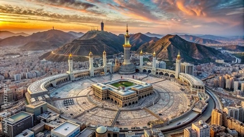 A stunning aerial view of the city of Mecca with the Kaaba in the center photo