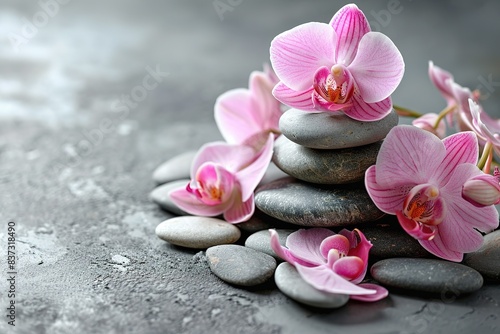 Spa concept zen basalt black stones and pink orchid