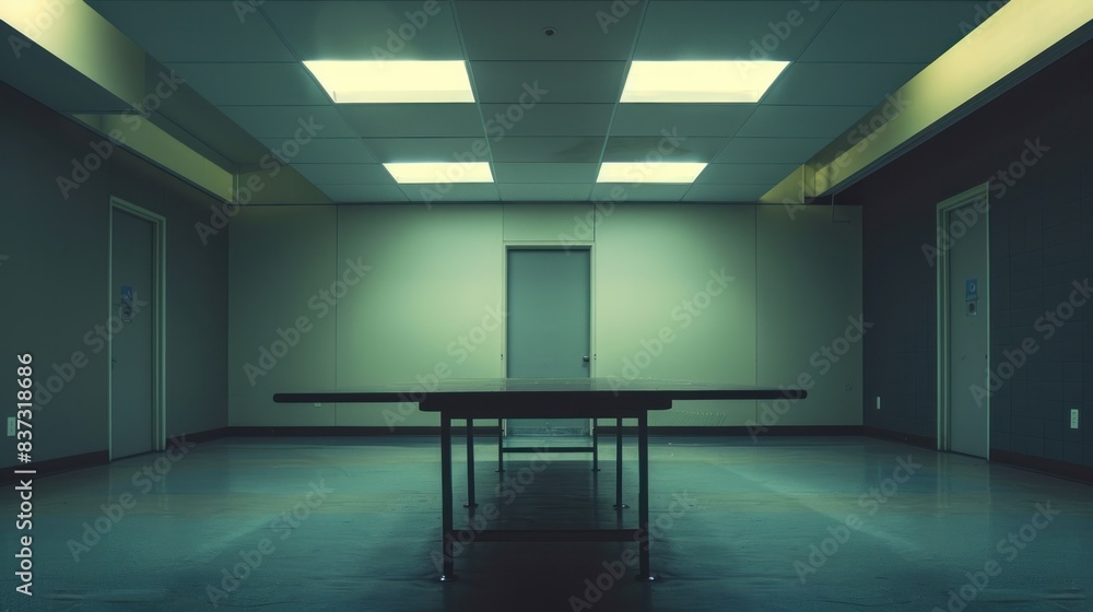 Obraz premium A minimalist scene featuring a table in an empty office room, conveying simplicity and potential.