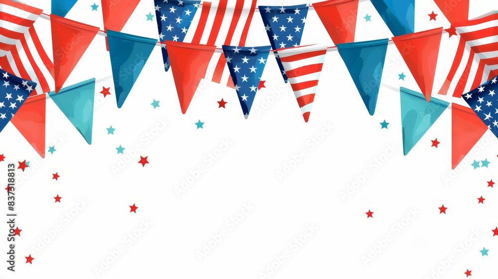 Obraz premium Vibrant flat design of American flag bunting, symbolizing patriotic pride and freedom, isolated on a white background (close up, pride theme, dynamic, Composite, white backdrop)