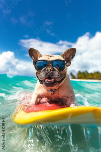 Cool dog surfing waves on summer
