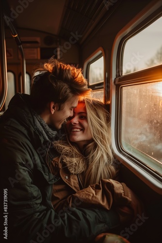 Cute couple traveling by train © thejokercze