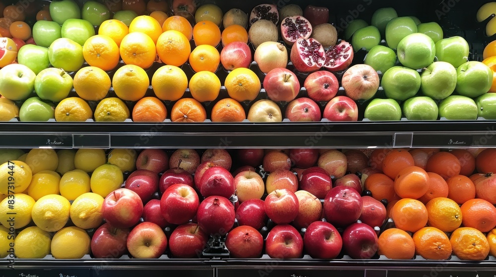 Neatly arranged fresh fruits including apples, oranges, and pomegranates in a grocery store setting.
Neatly arranged fresh fruits including apples, oranges, and pomegranates in a grocery store setting.