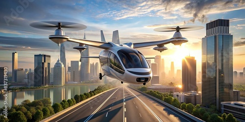 Futuristic animation of electric vertical takeoff and landing aircraft (eVTOL) for future urban mobility photo