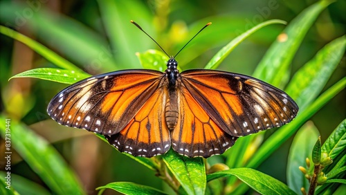 Black-winged, brown orange butterfly perched on green vegetation in the forest of Uganda National Park