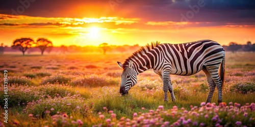 Vibrant Africa orange zebra sunrise over blooming flower grass in meadow field with back-light  featuring zebra grazing peacefully