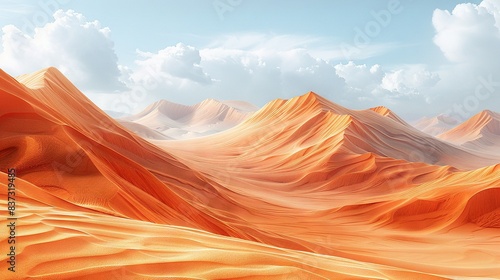  A desert landscape painting featuring sand dunes and a mountain range with cloudy skies in the distance