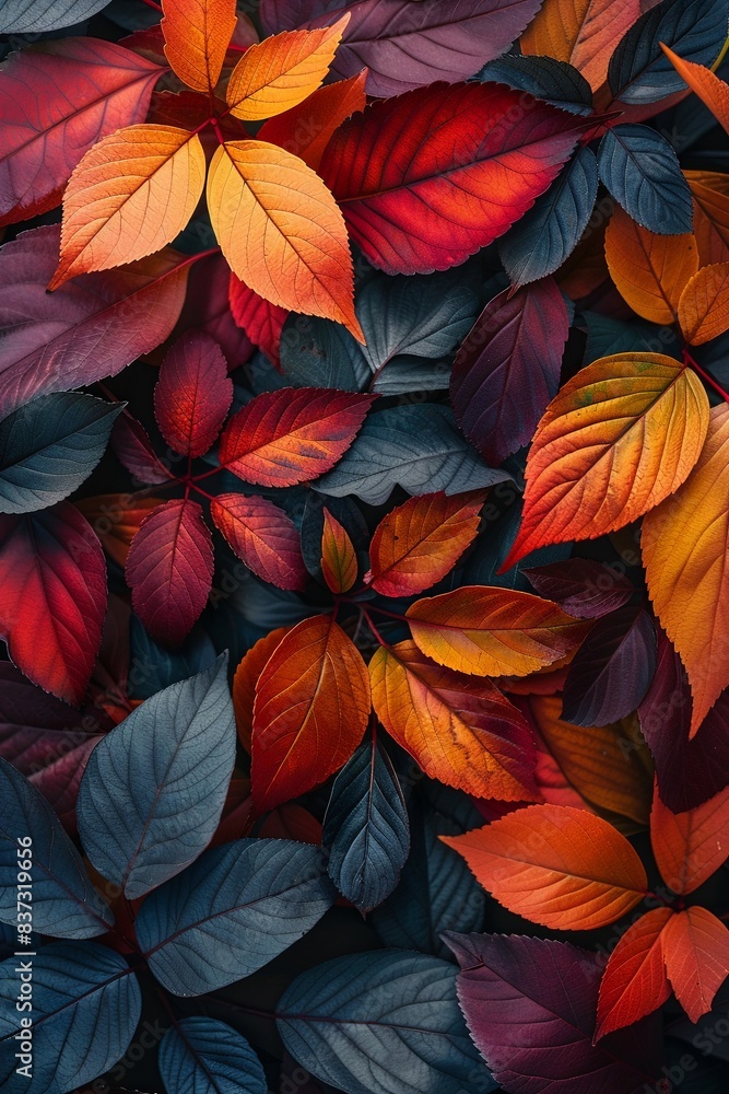 Fototapeta premium Colorful gradient leaves arrangement in vibrant autumn hues, perfect for naturethemed designs or background inspiration