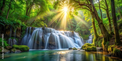 Beautiful nature wallpaper of a waterfall in a forest with sun rays shining through the trees