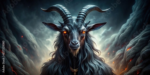 Sinister Bathomet goat demon standing in a dark ritualistic setting photo