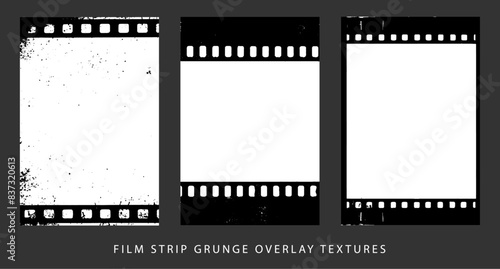 Set of 3 transparent vector grunge abstract movie film strip dirty poster background textures with dust overlay. Place artwork over any image to make distressed effect