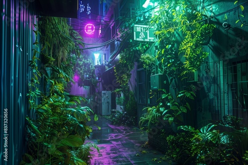 Cyberpunk city with neon and urban jungle lush green elements