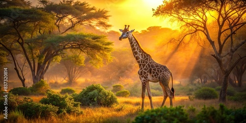 An artistic shot capturing a giraffe in the midst of an orange-lit forest at sunrise  surrounded by lush greenery