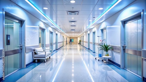 Luxurious hospital corridor with blurred clinic interior in background photo