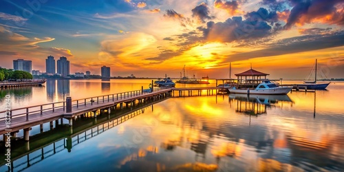 Scenic sunrise view at the dock of Ancol , tranquil, early morning, serene, waterfront, pier, harbor, reflection, colorful sky, peaceful, picturesque, horizon, moored boats, marina, calm © Sangpan