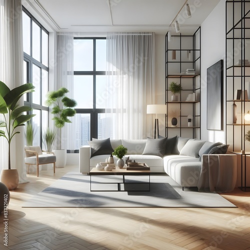 A modern minimalist living room with large windows, stylish furniture, indoor plants, and soft natural lighting