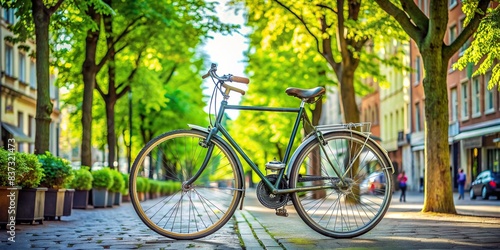 Bicycle parked in a city street with green trees in background, bicycle, commute, city, eco-friendly, transportation, urban, sustainable, environment, green, bike lane, pedal power, bike rack photo