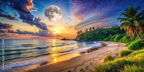 Serene beach at sunset with mystical moonlight shining over lush nature , beach, sunset, moonlight, nature, serene, peaceful, romantic, tranquil, evening, dusk, landscape, beauty, ocean, sky