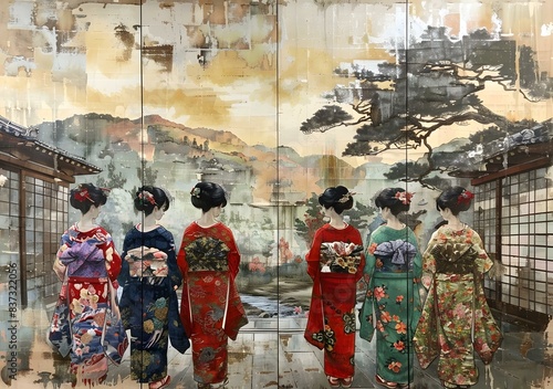 Five Japanese women in traditional kimono
